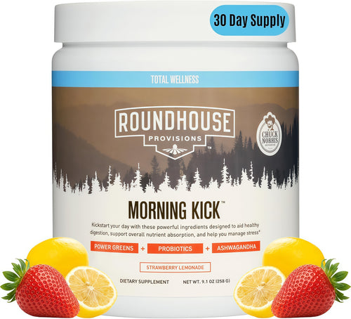 ROUNDHOUSE PROVISION Morning Kick Greens, Strawberry Lemonade, 30 Servings Greens Superfood Powder for Gut Health, Sugar Free, Caffeine Free, Ashwagandha, Collagen Peptides, Probiotics, Chuck Norris