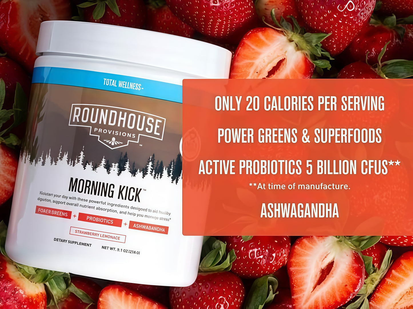 ROUNDHOUSE PROVISION Morning Kick Greens, Strawberry Lemonade, 30 Servings Greens Superfood Powder for Gut Health, Sugar Free, Caffeine Free, Ashwagandha, Collagen Peptides, Probiotics, Chuck Norris